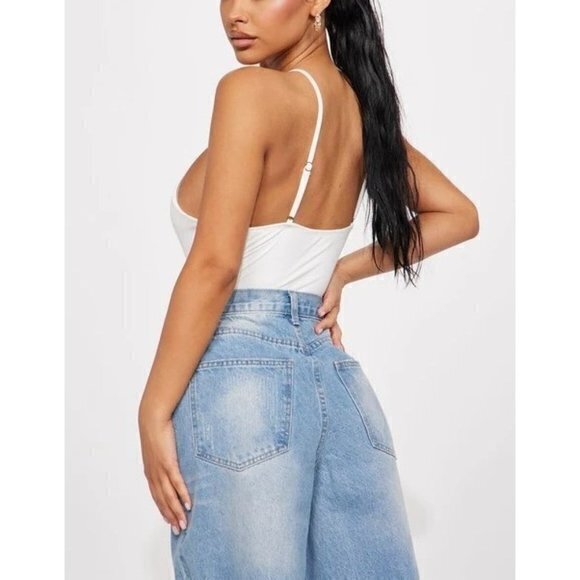 Haute Monde Hight Neck‎ Off White Thong Snap Bottom Bodysuit Size M RefFNB - Picture 4 of 8